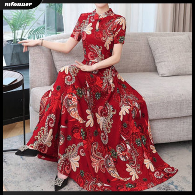 Đầm Tay Ngắn Cổ Đứng Eo Cao In Họa Tiết Cổ Điển Dành Cho Nữ