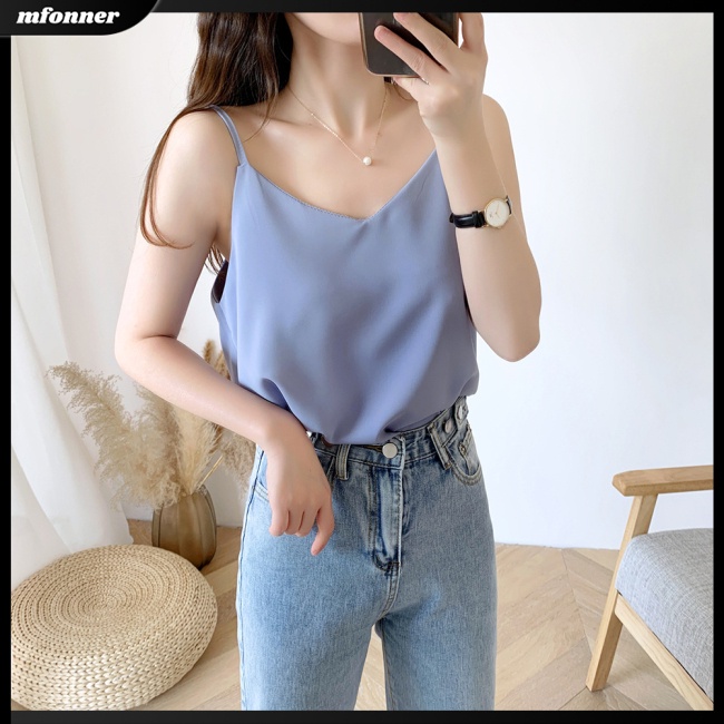 Áo Voan Hai Dây Cổ Chữ V Dáng Rộng Màu Trơn Thời Trang Mùa Hè Dành Cho Nữ