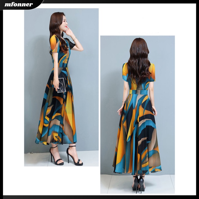 Đầm Lụa Tay Ngắn Dáng Xòe Rộng In Họa Tiết Thời Trang Mùa Hè Xinh Xắn Cho Nữ