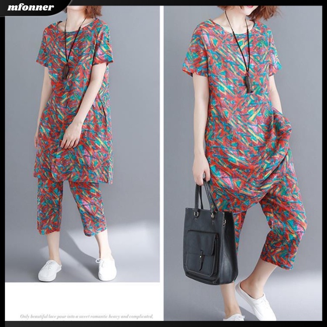 Bộ Trang Phục 2 Mảnh Gồm Áo Ngắn Tay Cổ Tròn Và Quần Lửng Dáng Rộng Mềm Mại In Họa Tiết Thổ Cẩm Thời Trang Cho Nữ