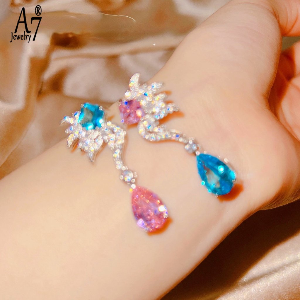 A7 | Bông Tai Dáng Dài Hình Giọt Nước Màu Hồng / Xanh Dương Đính Kim Cương Lấp Lánh Thanh Lịch M3