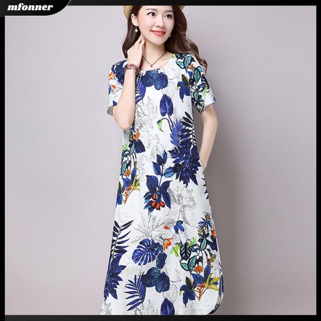 Đầm Cotton Pha Dáng Rộng Cổ Tròn Tay Ngắn In Hoa Xinh Xắn Cho Nữ