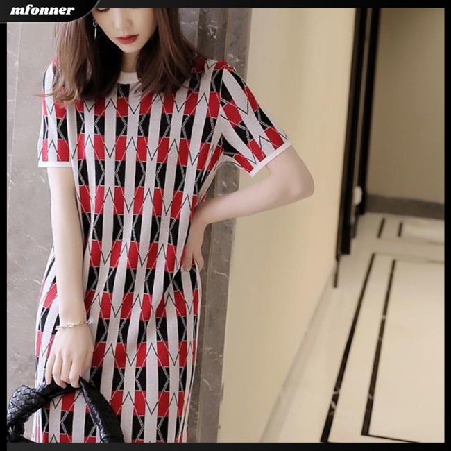 Đầm Cổ Tròn Tay Ngắn Dáng Suông In Họa Tiết Kẻ Sọc Plus Size Cho Nữ