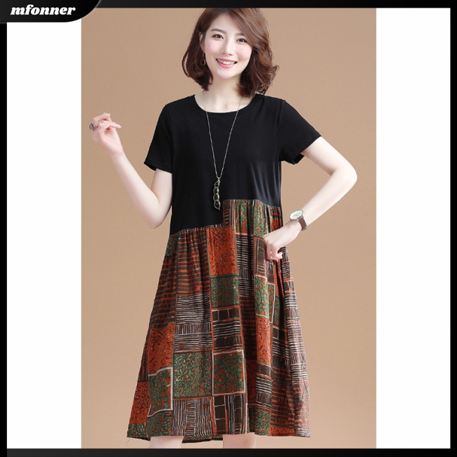 Đầm Midi Tay Ngắn Cổ Tròn Dáng Rộng Họa Tiết Kẻ Sọc Thời Trang Mùa Hè Xinh Xắn Cho Nữ