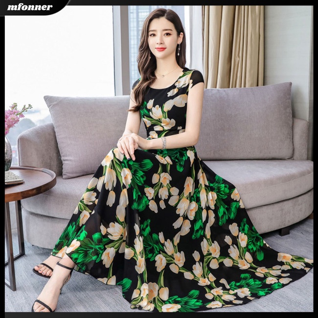 Đầm Dài Tay Ngắn In Hoa Thời Trang Mùa Hè Cho Nữ