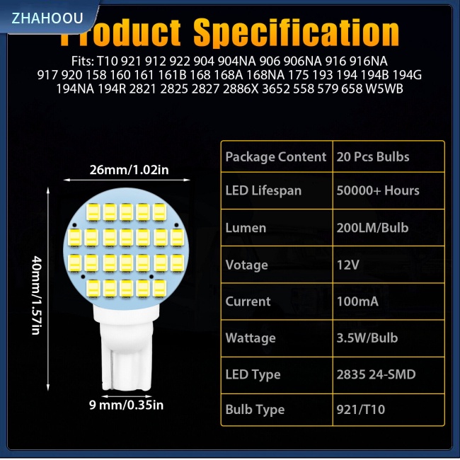 ☃Nhà Cửa☃ Set 20 Đèn Led T10 24smd 1210 12v Ánh Sáng Trắng Dành Cho Ô Tô