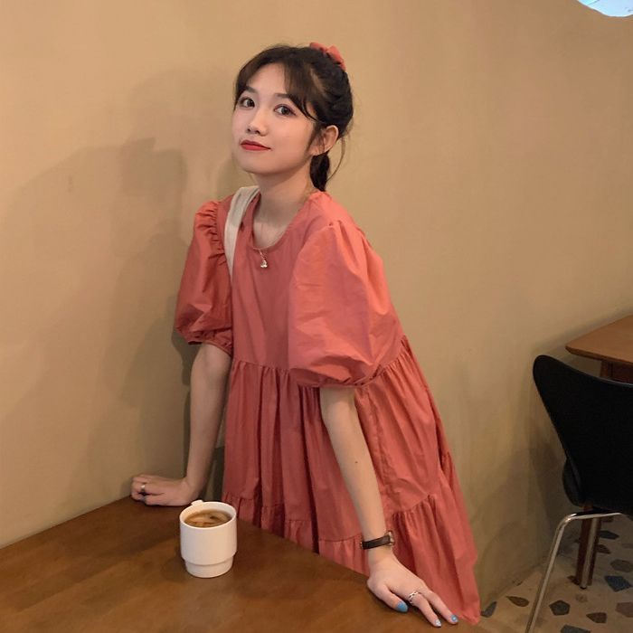 Đầm Tay Ngắn Cổ Tròn Dáng Rộng Phong Cách Hàn Quốc Thời Trang Mùa Hè Xinh Xắn Cho Nữ