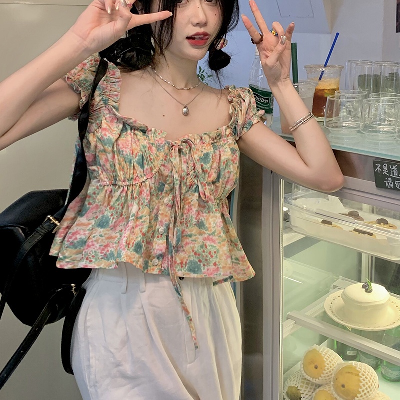 IELGY   Áo Kiểu Cổ Vuông Tay Phồng In Họa Tiết Hoa Xinh Xắn Thời Trang Cho Nữ