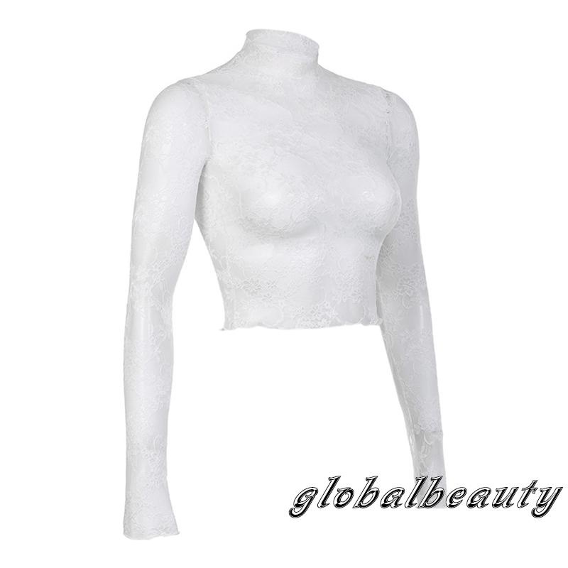 Áo Thun Dài Tay Cổ Cao Phối Ren Hoa Xuyên Thấu Gợi Cảm Cho Nữ