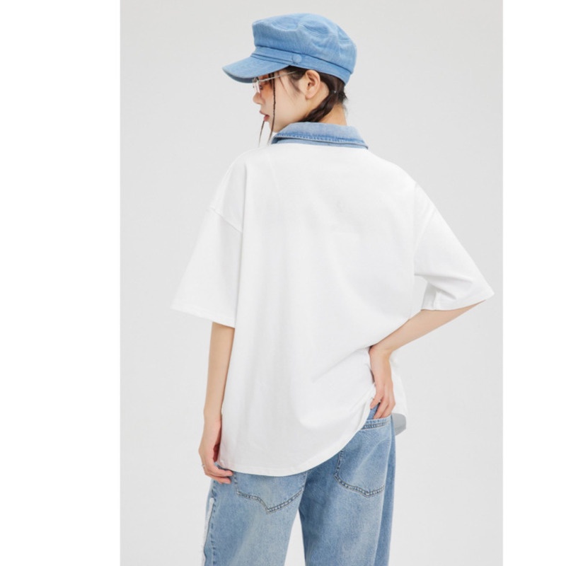 Áo Thun Polo Tay Ngắn Dáng Rộng RENJIANVSHENG Phối Denim Màu Sắc Tương Phản Cá Tính