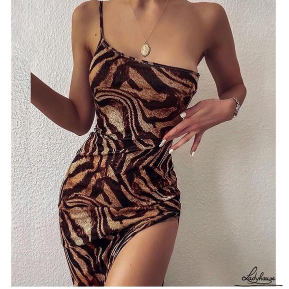 Đầm Hai Dây Lệch Vai In Họa Tiết Da Báo Quyến Rũ Dành Cho Nữ