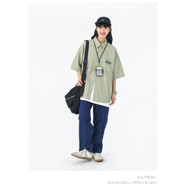 Áo Sơ Mi Ngắn Tay Dáng Rộng Thêu Họa Tiết Sọc Phong Cách Retro Cho Nam Nữ