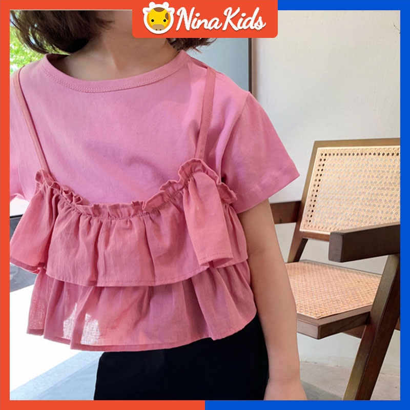 Áo Thun Tay Ngắn Giả Hai Lớp Màu Hồng Xinh Xắn Cho Bé Gái 1-6 Tuổi