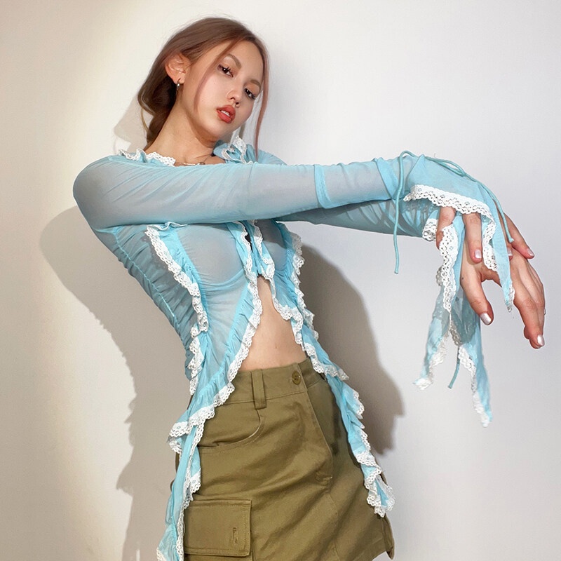 Áo Ren Mỏng Nhẹ Thoáng Khí Màu Xanh Dương Quyến Rũ Thời Trang Mùa Hè Cho Nữ