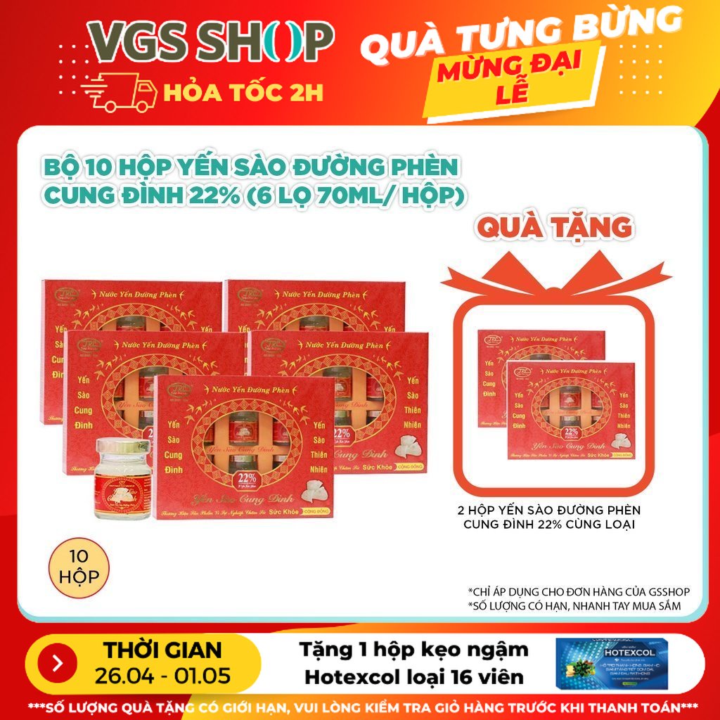 Bộ 10 Hộp Yến Sào Đường Phèn Cung Đình 22% (6 lọ 70ml/ hộp) TẶNG: 2 Hộp Yến Sào cùng loại
