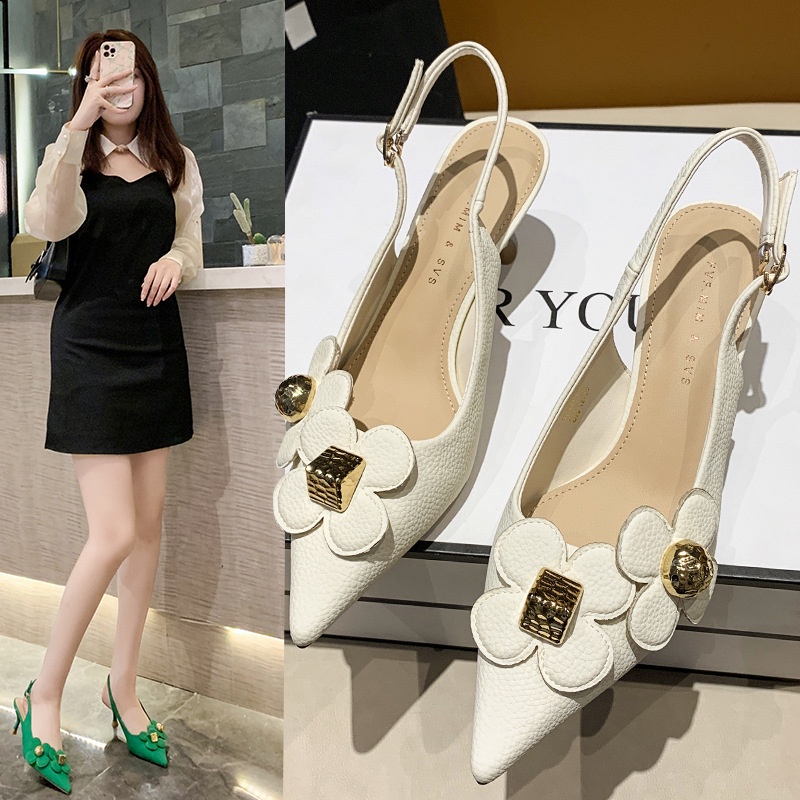 Sandal Cao Gót Mũi Nhọn Hở Ngón Cài Khóa Cao Cấp Phong Cách Pháp Cổ Tích Xuân Hè