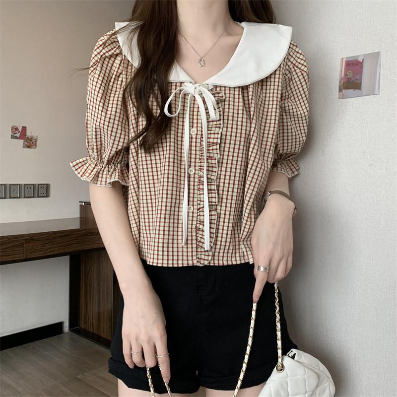 Áo Sơ Mi Tay Ngắn Cổ Chữ V Họa Tiết Kẻ Sọc Phối Dây Buộc Thời Trang Mùa Hè Xinh Xắn Cho Nữ