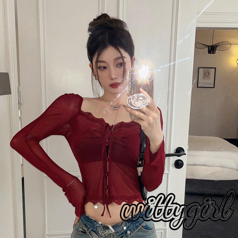 Áo Croptop Tay Dài Vải Sheer Phối Ren Cổ Thấp Thời Trang Xuân Hè Cho Bạn Gái