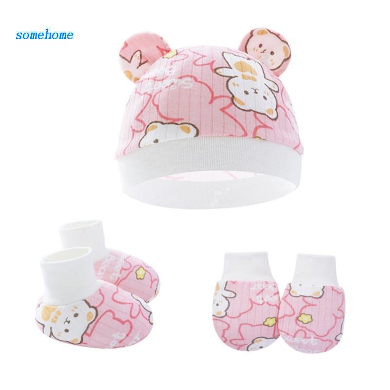 Set 3 Món Gồm Găng Tay + Mũ + Găng Tay + Găng Tay Chống Trầy Xước Thoáng Khí Cho Bé Sơ Sinh 0 -