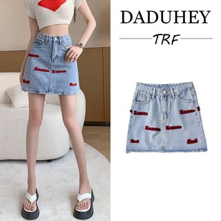 DaDuHey💕 The New Korean Version of the INS Letter Embroidered Denim Skirt Niche High Waist A- line Skirt Bag Hip Skirt