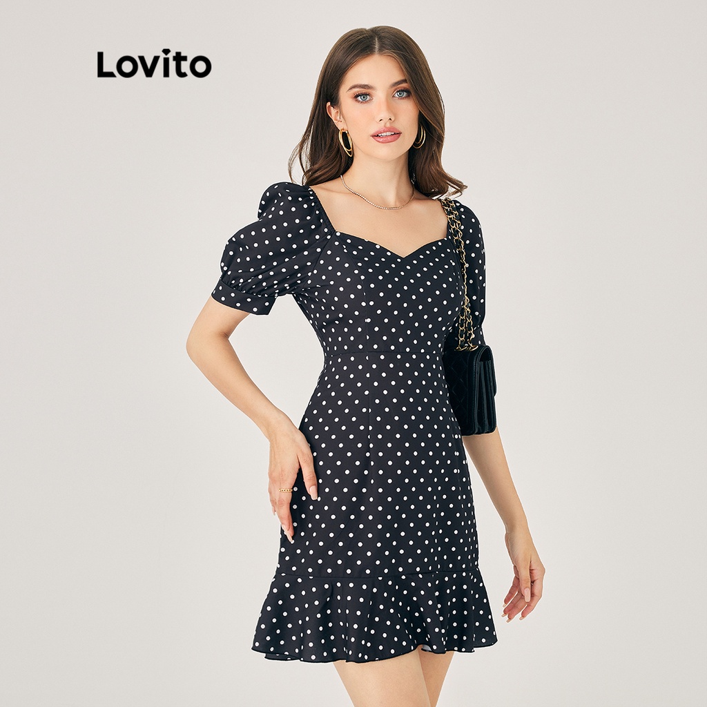 Đầm Lovito tay phồ̀ng cổ vuông phối bèo chấm bi thanh lịch cho nữ LNE02062 (màu đen)