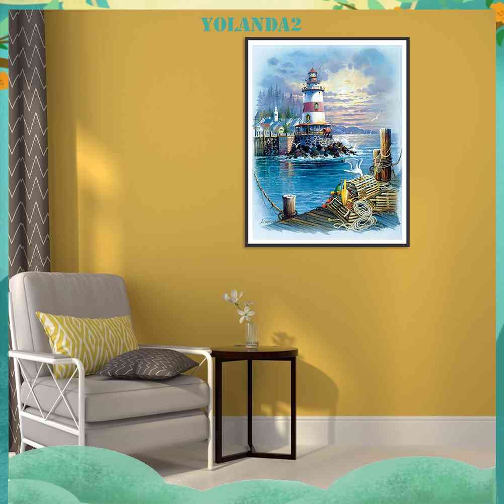 Tranh Thêu Trang Trí Thủ Công 5D Hình Ngọn Hải Đăng Biển (Mũi Thêu Hình X