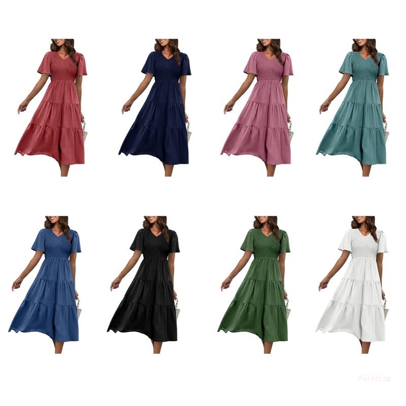 Đầm Midi Tay Ngắn Cổ Chữ V Thời Trang Mùa Hè Xinh Xắn Cho Nữ