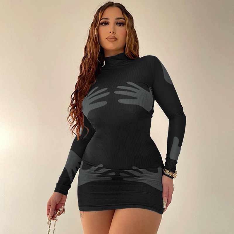 Đầm Body Tay Dài Hoạ Tiết Bàn Tay Thiết Kế Hợp Thời Trang