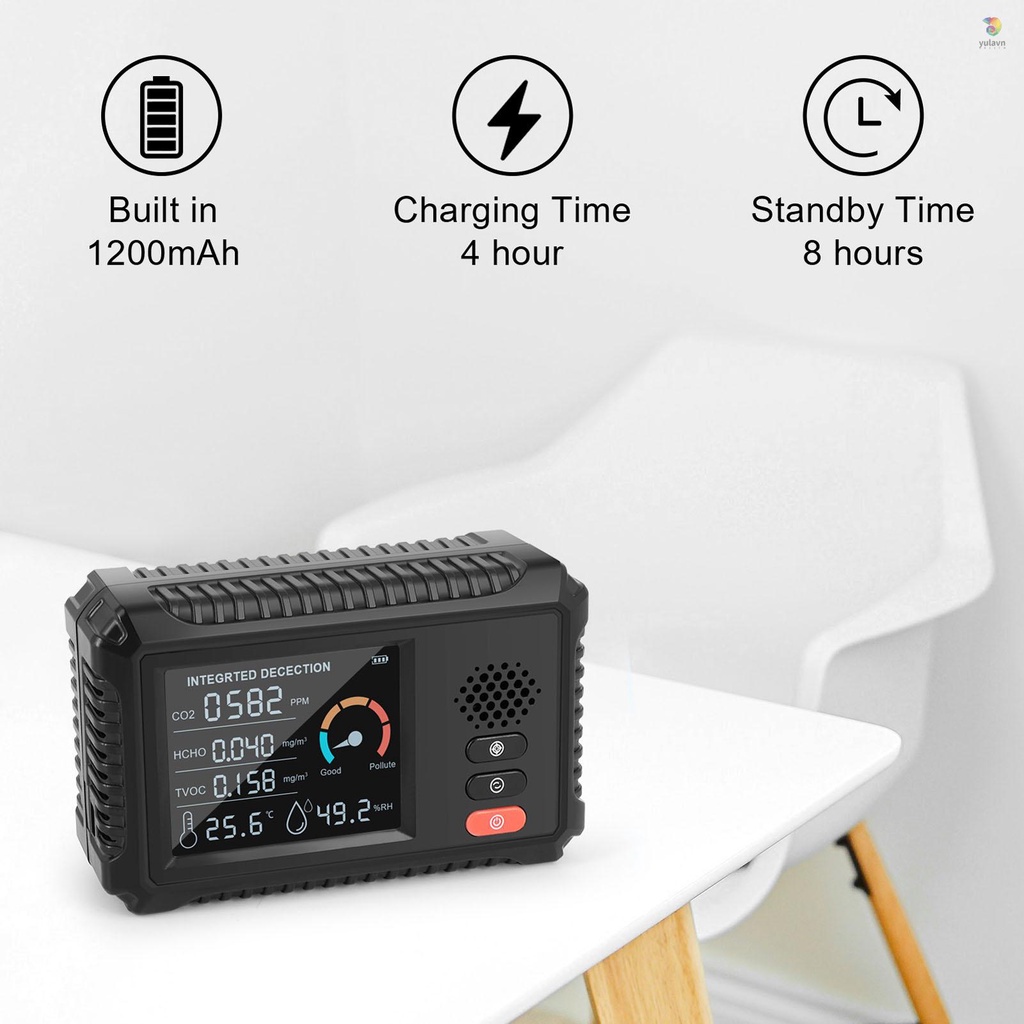 Máy Đo Độ Ẩm Không Khí Carbon Dioxide HCHO CO2 TVOC 5 Trong 1 Màn Hình LCD Đa Năng