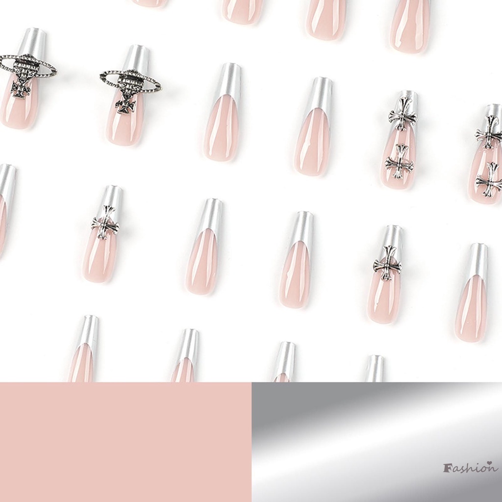 Móng Tay Giả Dài Viền Bạc Kiểu Pháp Màu Sắc Cá Tính
