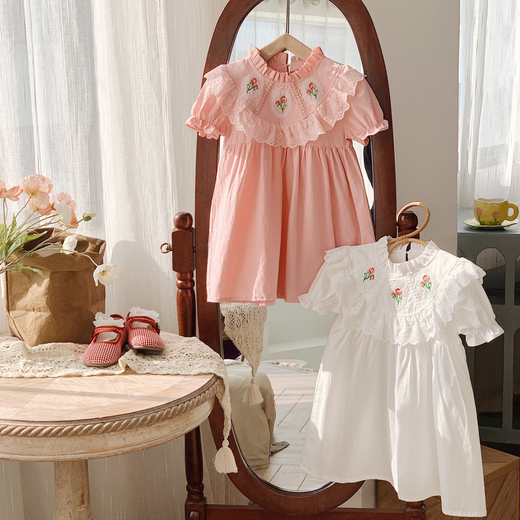 Đầm Cotton Phối Ren Tay Ngắn Thêu Hoa Hồng Kiểu Pháp Cổ Điển Thời Trang Mùa Hè 2023 Cho Bé Gái