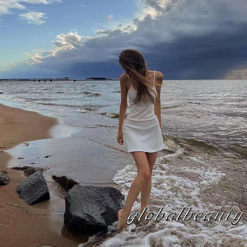 Đầm Mini Hai Dây Ôm Dáng Màu Sắc Trơn Hở Lưng Thời Trang Mùa Hè Cho Nữ