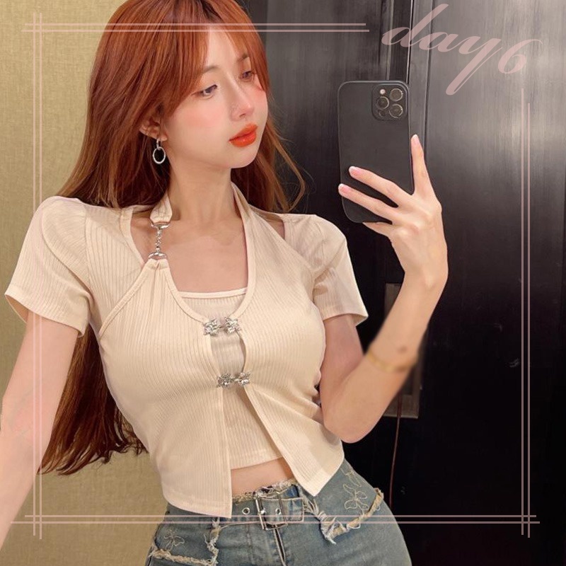 Áo Thun Ngắn Tay Giả Hai Lớp Phong Cách Hàn Quốc Dành Cho Nữ