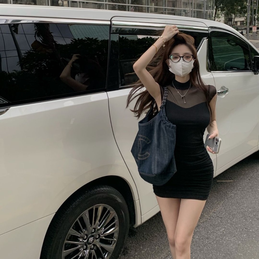 Đầm Ngắn Tay Lưng Cao Xếp Ly Màu Đen Quyến Rũ Thời Trang Phong Cách Mới 2023