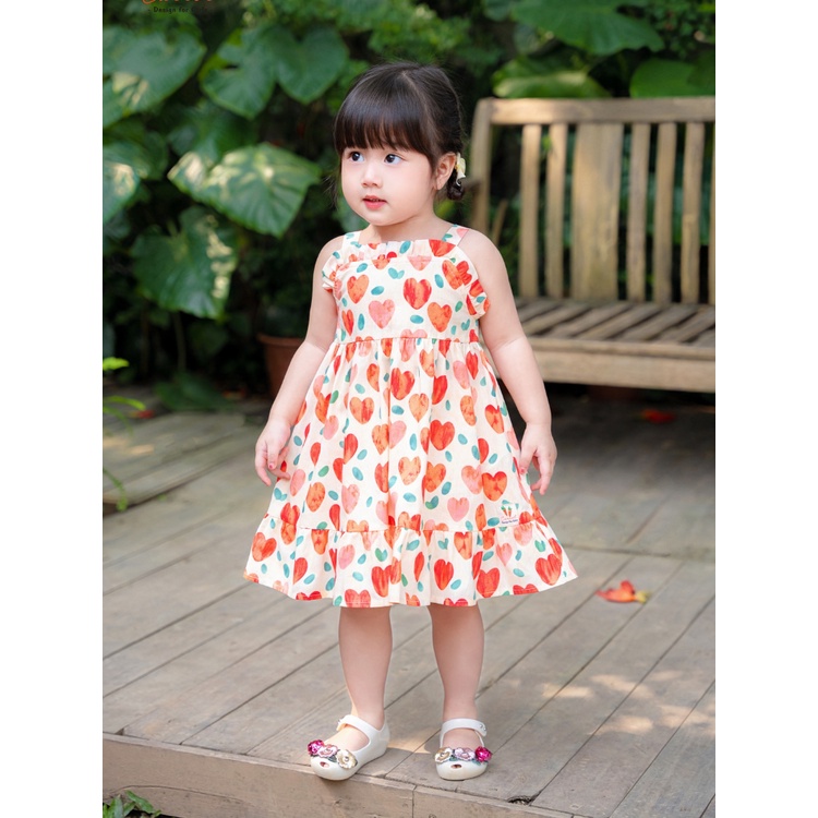 Váy Bé Gái CARROT Hai Dây Bèo Ngực, Họa Tiết Tim Cam, Chất Liệu Thô Cotton Thấm Hút Mồ Hôi Tốt