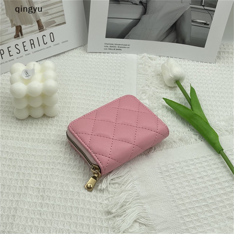 Qingyu Ví Da PU Dáng Ngắn Đựng Thẻ / Tiền Xu Thêu Họa Tiết Hình Thoi Có Khóa Kéo Cho Nữ
