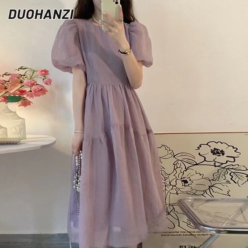 Đầm chiffon Tay Phồng Màu Trơn Thời Trang Hàn Quốc Dành Cho Nữ
