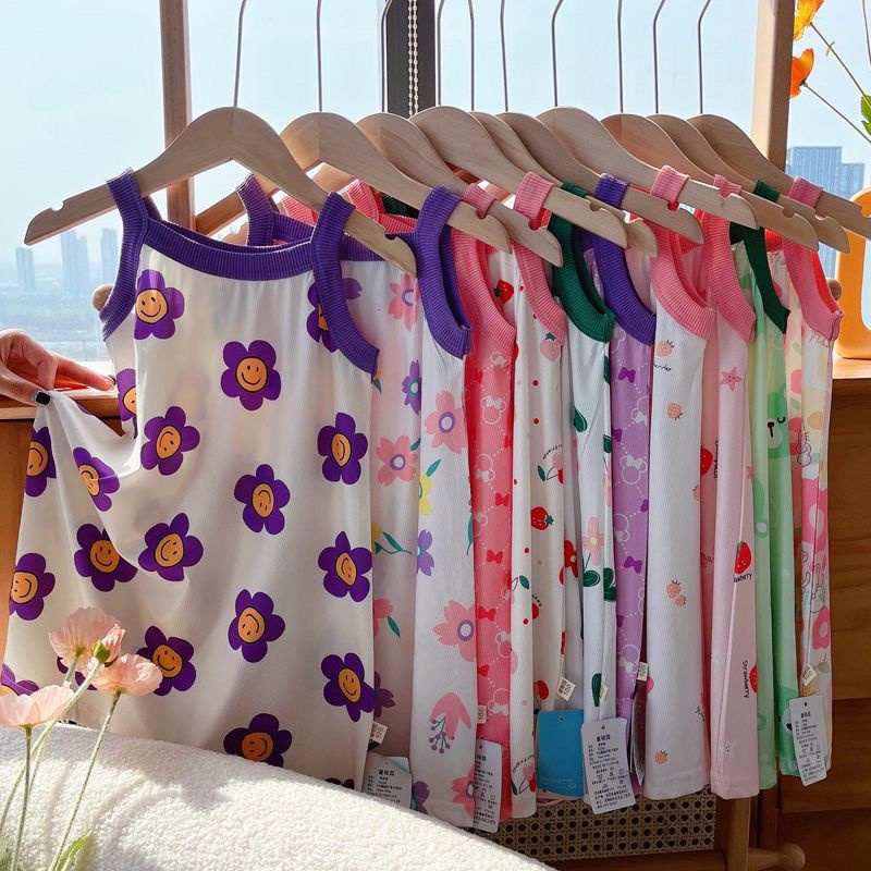 Hàng Mới Về Đầm Công Chúa Hai Dây Mùa Hè 2023 Bằng Lụa Lạnh Họa Tiết Hoa Phong Cách Mới Cho Bé Gái
