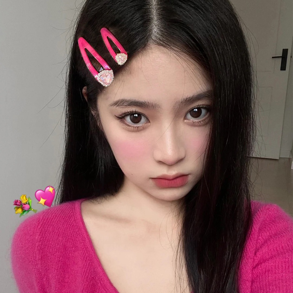 Kẹp Tóc Nhựa Hình Trái Tim Đính Kim Cương Hồng Y2K