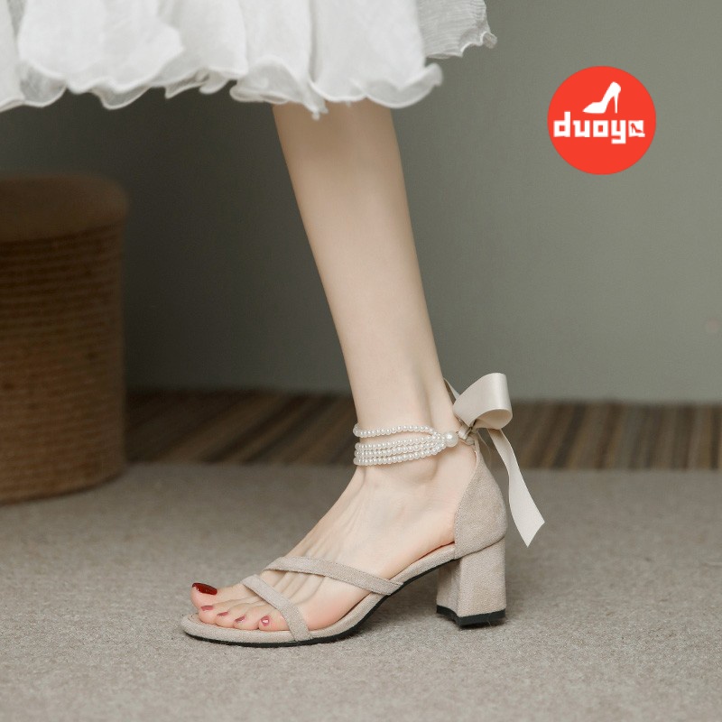 Duoya Giày Cao Gót Đế Dày Buộc Dây Đính Hạt Giả Ngọc Trai 32 Hàng Miễn Phí Cho Phù Dâu