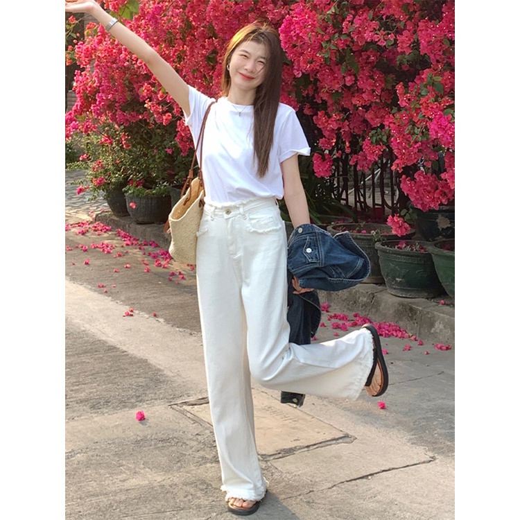 Quần jean SUXI ống rộng lưng cao viền tua rua thời trang mùa xuân cho nữ