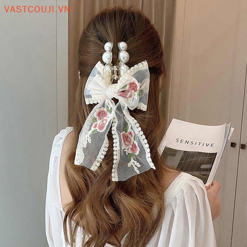 Kẹp Tóc Nơ Vải Ren Thêu Hoa Phong Cách Hàn Quốc Xinh Xắn Cho Bé Gái