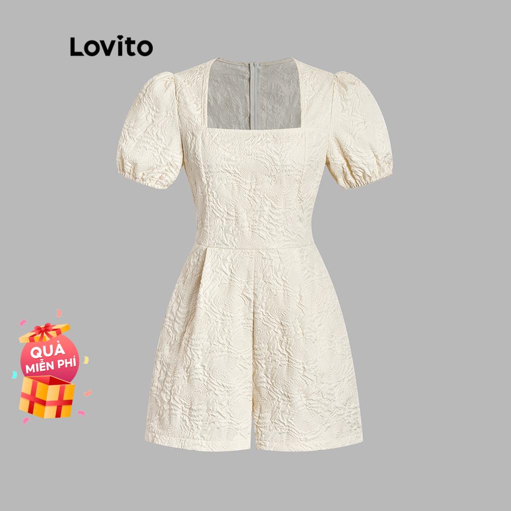 Lovito Áo liền quần nữ Jacquard tay phồng giản dị giản dị L39LD035 (Màu trắng ngà)