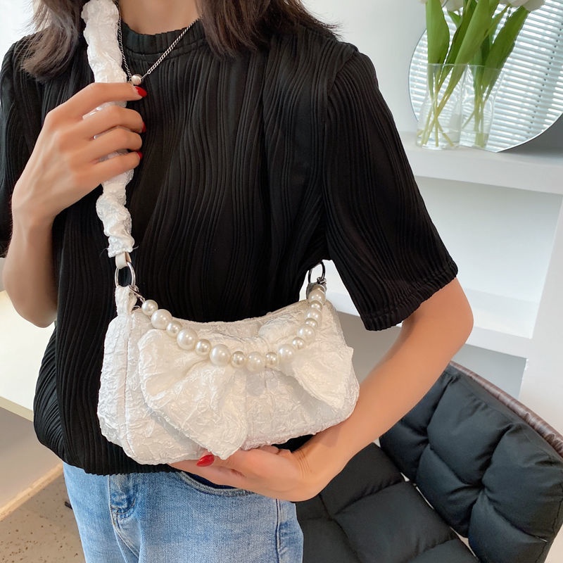 Túi Xách Đeo Một Bên Vai Đính Nơ Ngọc Trai Phong Cách Mới Cho Nữ