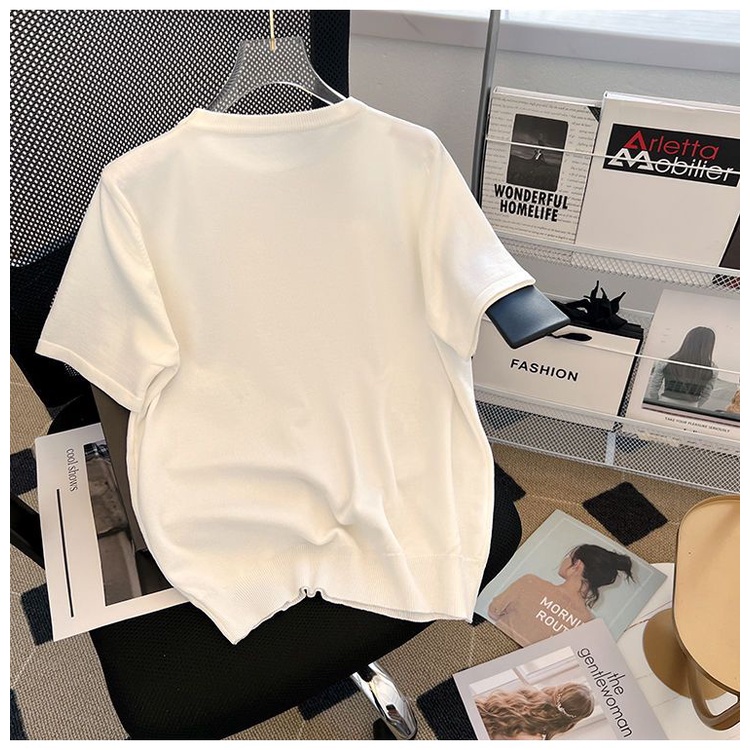 Áo Thun Dệt Kim Tay Ngắn In Hình Bướm Đính Hạt Thời Trang Mùa Hè Cho Nữ