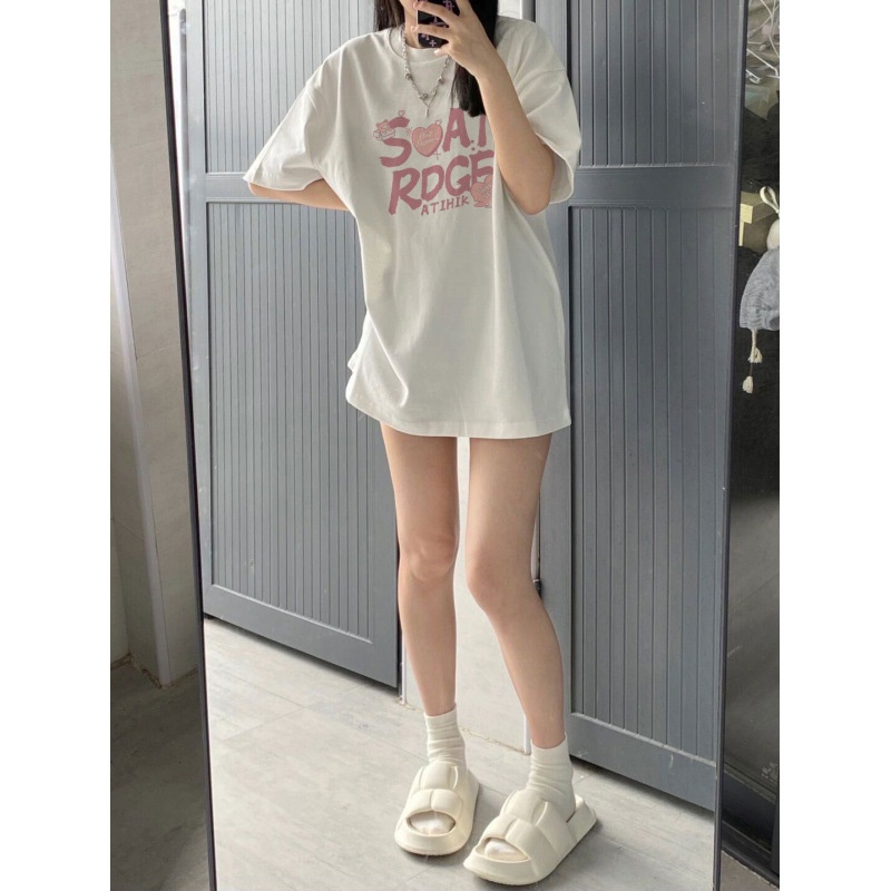 Áo Thun Cotton Ngắn Tay Dáng Rộng In Chữ Sau Lưng Thời Trang Mùa Hè Cho Nữ