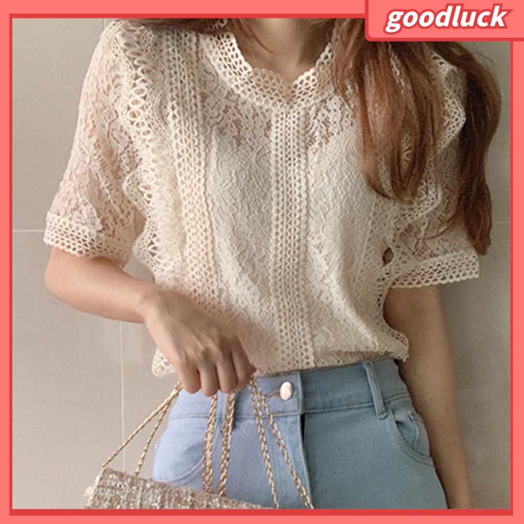 Áo Sơ Mi Tay Ngắn Cổ Tròn Dáng Rộng Phối Ren Thanh Lịch Thời Trang Mùa Hè