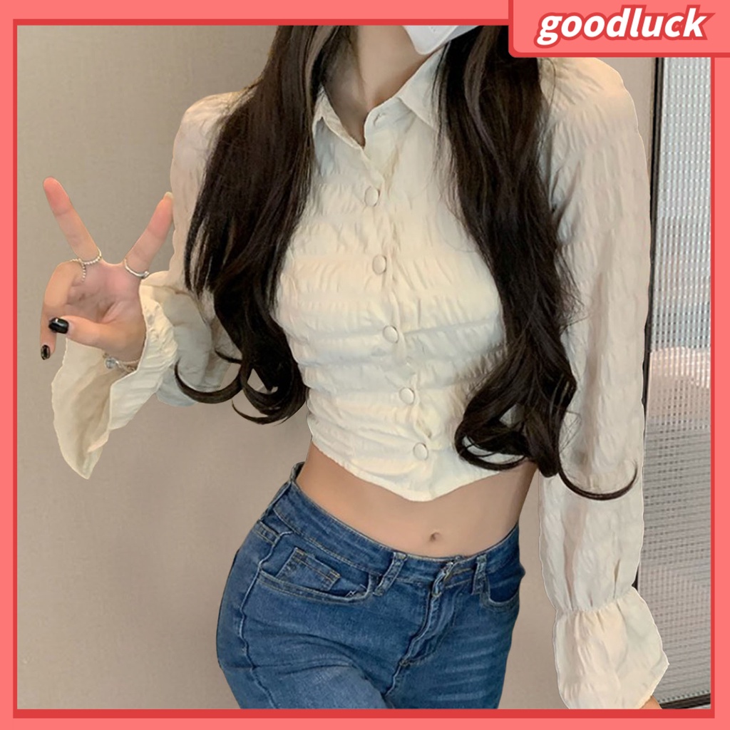 [ULK] Áo Sơ Mi Tay Dài Phồng Thắt Nơ Eo Họa Tiết Hoa Rỗng Cài Một Hàng Nút Thời Trang Mùa Xuân Cho Nữ