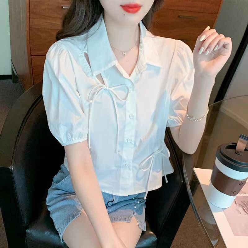 Áo Sơ Mi Tay Ngắn Phồng Ngắn Phối Dây Rút Thời Trang Mùa Hè Hàn Quốc Mới Cho Nữ