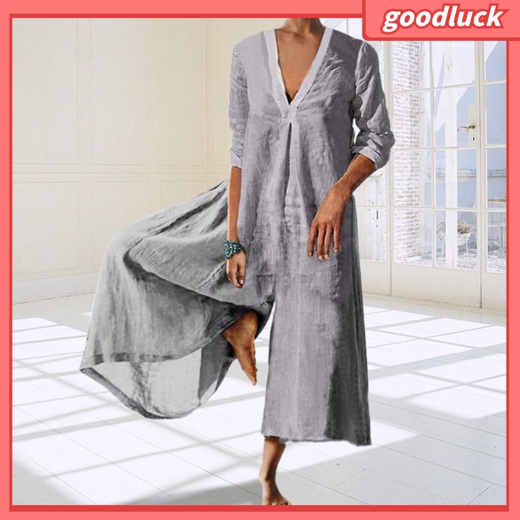 Áo Liền Quần Cổ Chữ V Tay 3 / 4 Ống Rộng Màu Sắc Trơn Thời Trang Mùa Thu Cho Nữ